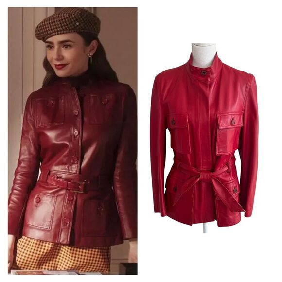 Parri's Italian Red Leather Jacket Size M Emily In Paris Emily Cooper Inspired - Picture 1 of 10